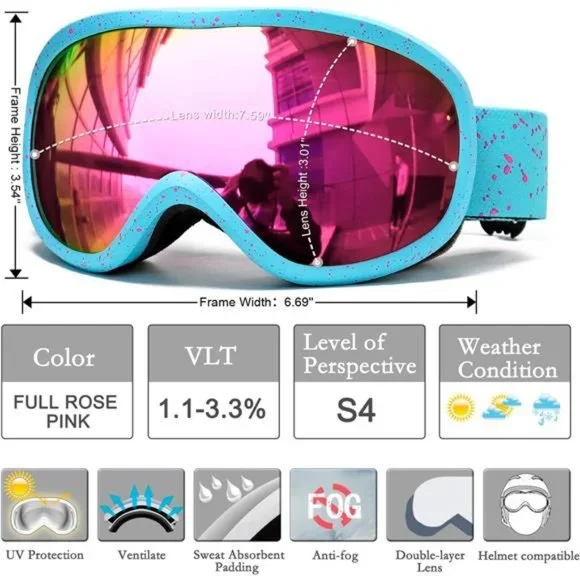 Unisex Ski Goggles Over Glasses with Dual lens, Anti-fog Anti-UV Snow Goggle